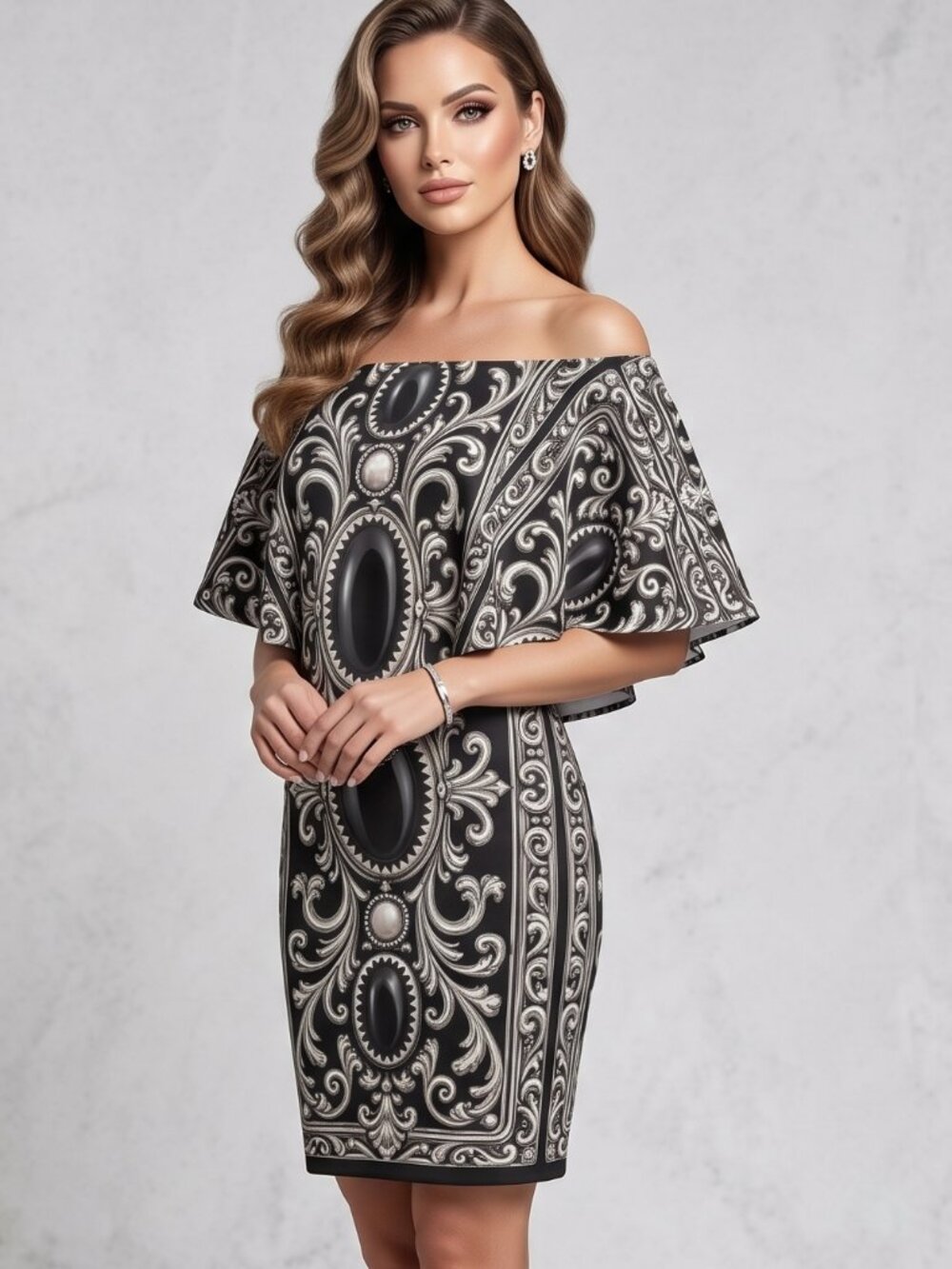 Conceptual Subculture XL Off Shoulder Dress Jewel Baroque Bodycon Silver Black